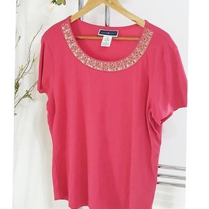 NEW💖Karen Scott🌹Cotton Short Sleeve Round Embellished Neckline Top